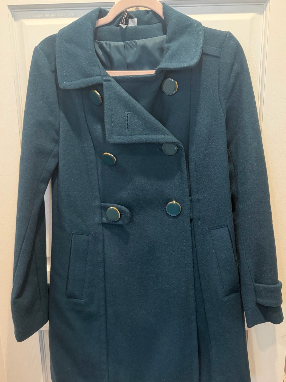 Divided Deep Teal Double-Breasted Wool Pea Coat with Gold Buttons - Women’s Fall